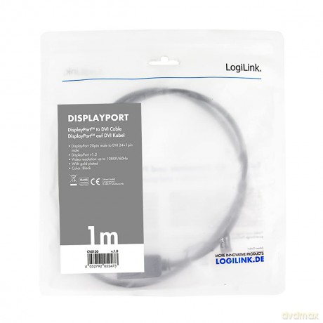 Kabel DisplayPort 1.2 do DVI 24+1, 1m, Czarny