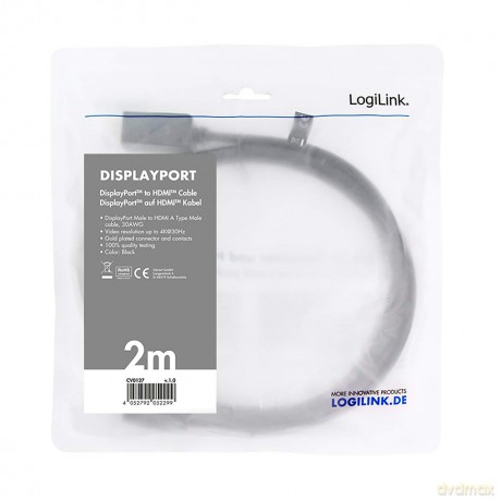 Kabel DisplayPort 1.2 do HDMI 1.4, 2m Czarny