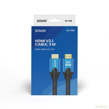 Kabel HDMI (M) v2.1, 3m, 8K, miedź, niebiesko-czarny, złote końcówki, ethernet/3D, CL-143