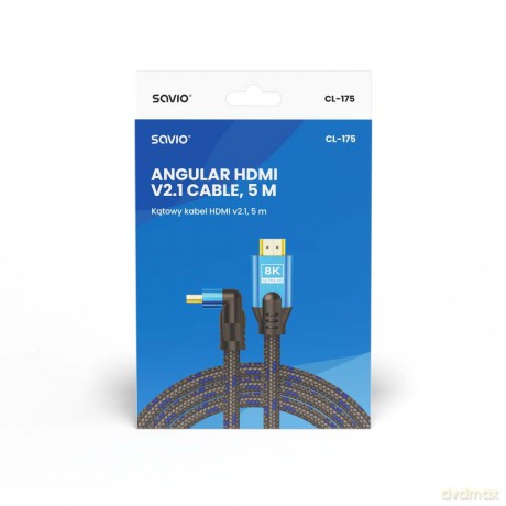 Kabel HDMI (M) v2.1, kątowy, 5m, 8K, miedź, niebiesko-czarny, złote końcówki, ethernet/3D, CL-175