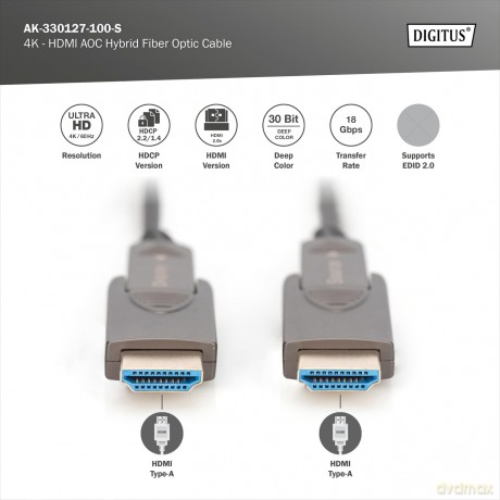 Kabel hybrydowy AOC HDMI 2.0 Premium High Speed Ethernet 4K60Hz UHD HDMI D/A HDMI D/A M/M z odłączanym wtykiem, 10m, Czarny