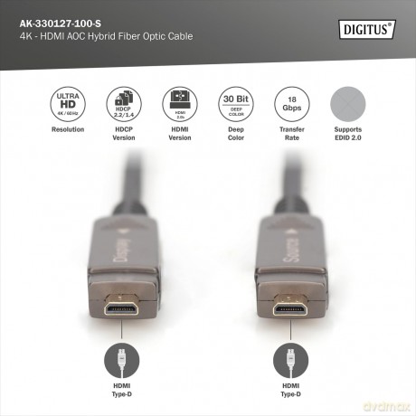 Kabel hybrydowy AOC HDMI 2.0 Premium High Speed Ethernet 4K60Hz UHD HDMI D/A HDMI D/A M/M z odłączanym wtykiem, 10m, Czarny