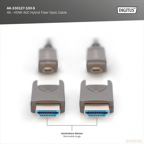 Kabel hybrydowy AOC HDMI 2.0 Premium High Speed Ethernet 4K60Hz UHD HDMI D/A HDMI D/A M/M z odłączanym wtykiem, 10m, Czarny