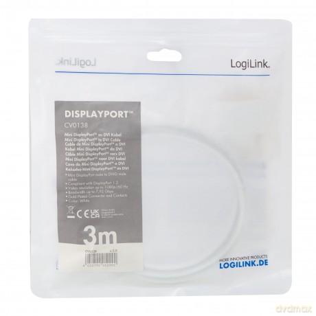 Kabel mini Display port do DVI 3m Biały