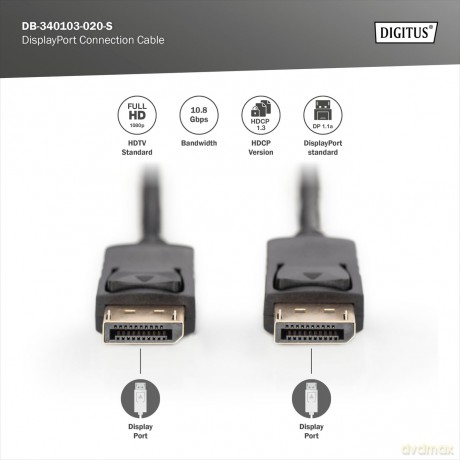 Kabel połączeniowy DisplayPort z zatrzaskami 1080p 60Hz FHD Typ DP/DP M/M czarny 2m