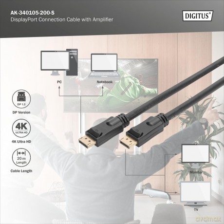Kabel połączeniowy DisplayPort z zatrzaskami 4K 60Hz UHD Typ DP/DP M/M 20m Czarny