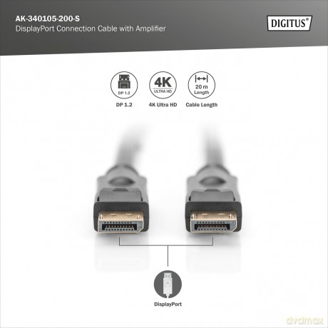 Kabel połączeniowy DisplayPort z zatrzaskami 4K 60Hz UHD Typ DP/DP M/M 20m Czarny