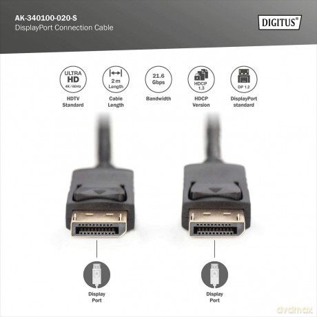 Kabel połączeniowy DisplayPort z zatrzaskami 4K 60Hz UHD Typ DP/DP M/M czarny 2m