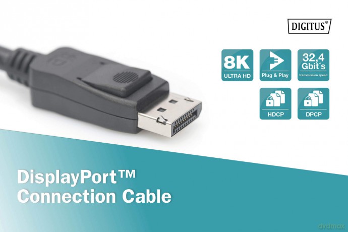 Kabel połączeniowy DisplayPort z zatrzaskami 8K 30Hz UHD Typ DP/DP M/M 1m Czarny