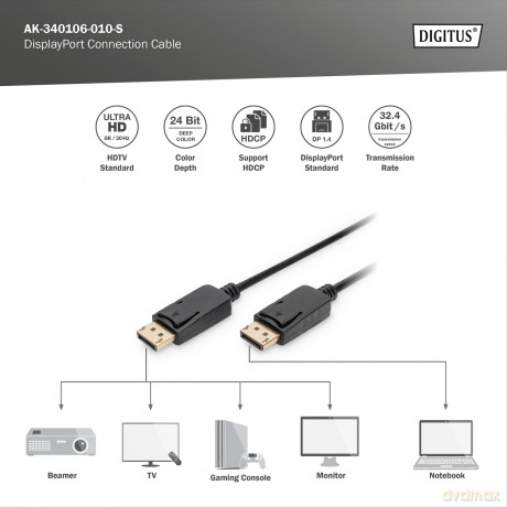 Kabel połączeniowy DisplayPort z zatrzaskami 8K 30Hz UHD Typ DP/DP M/M 1m Czarny