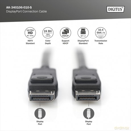 Kabel połączeniowy DisplayPort z zatrzaskami 8K 30Hz UHD Typ DP/DP M/M 1m Czarny