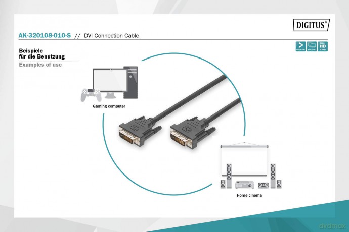 Kabel połączeniowy DVI-D DualLink WQXGA 30Hz Typ DVI-D (24+1)/DVI-D (24+1) M/M 1m Czarny