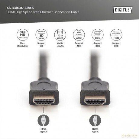 Kabel połączeniowy HDMI HighSpeed z Ethernetem 4K 30Hz UHD Typ HDMI A/HDMI A M/M 10m Czarny