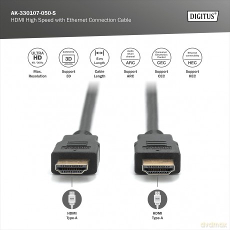 Kabel połączeniowy HDMI HighSpeed z Ethernetem 4K 30Hz UHD Typ HDMI A/HDMI A M/M 5m Czarny