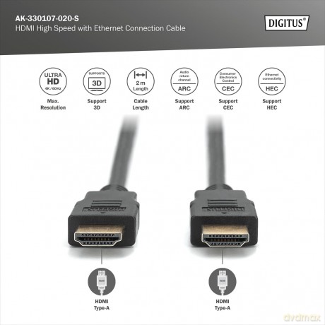 Kabel połączeniowy HDMI HighSpeed z Ethernetem 4K 60Hz UHD Typ HDMI A/HDMI A M/M 2m Czarny
