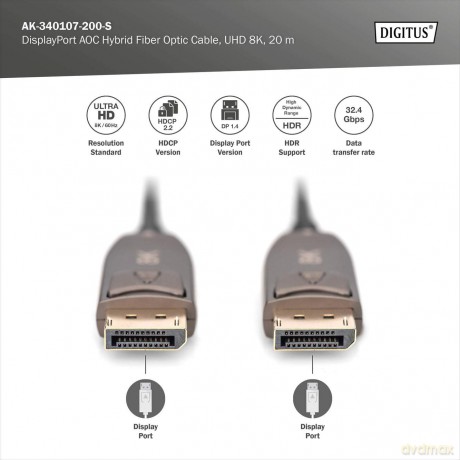 Kabel połączeniowy hybrydowy AOC DisplayPort 1.4 8K/60Hz UHD DP/DP M/M 20m Czarny