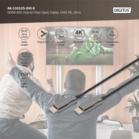 Kabel połączeniowy hybrydowy AOC HDMI 2.0 Premium HighSpeed 4K/60Hz UHD HDMI A/HDMI A M/M czarny 20m