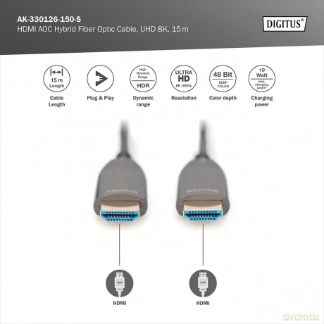 Kabel połączeniowy hybrydowy AOC HDMI 2.1 Ultra High Speed 8K/60Hz UHD HDMI A/HDMI A M/M 15m Czarny