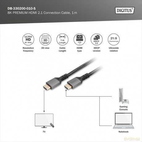 Kabel Premium połączeniowy HDMI 2.1 Ultra HighSpeed 8K60Hz UHD Typ HDMI A/A M/M 1m Czarny