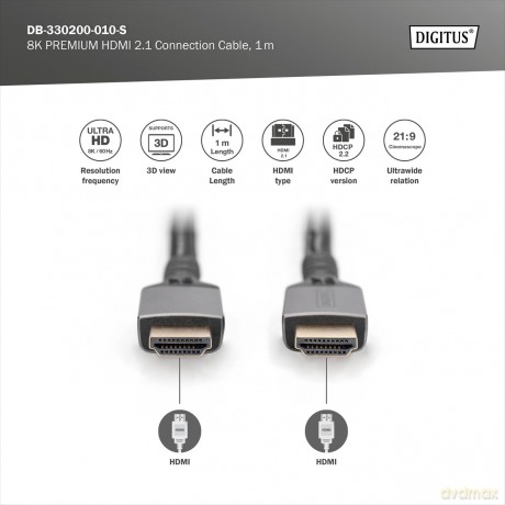 Kabel Premium połączeniowy HDMI 2.1 Ultra HighSpeed 8K60Hz UHD Typ HDMI A/A M/M 1m Czarny