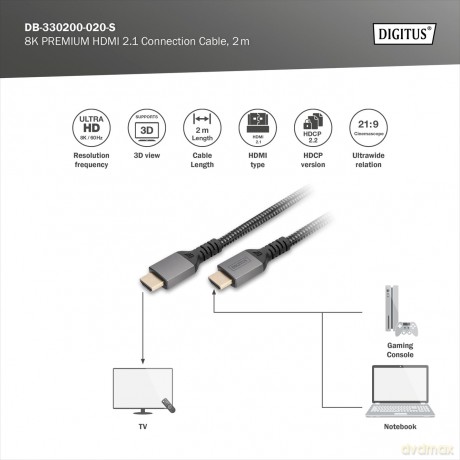 Kabel Premium połączeniowy HDMI 2.1 Ultra HighSpeed 8K60Hz UHD Typ HDMI A/A M/M 2m Czarny