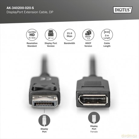 Kabel przedłużający DisplayPort 1.2 z zatrzaskiem 4K 60Hz UHD Typ DP/DP M/Ż czarny 2m