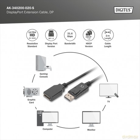 Kabel przedłużający DisplayPort 1.2 z zatrzaskiem 4K 60Hz UHD Typ DP/DP M/Ż czarny 2m