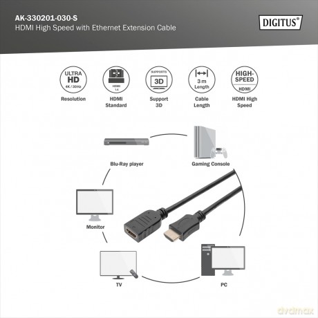 Kabel przedłużający HDMI HighSpeed z Ethernetem 4K 60Hz UHD Typ HDMI A/HDMI A M/Ż 3m Czarny