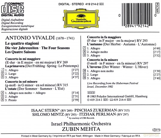 Stern Mintz Mehta: Vivaldi: Le Quattro Stagioni [CD]
