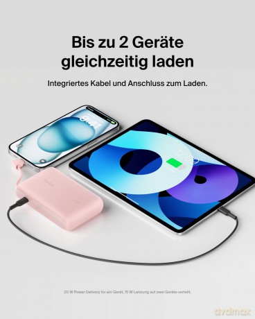 PowerBank BoostCharge 10k mAh 20w wbudowany kabel-C, port-C, różowy