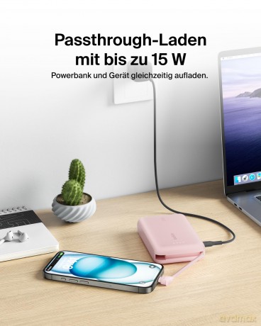 PowerBank BoostCharge 10k mAh 20w wbudowany kabel-C, port-C, różowy