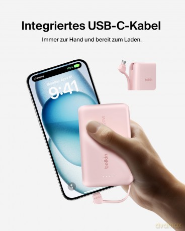 PowerBank BoostCharge 10k mAh 20w wbudowany kabel-C, port-C, różowy
