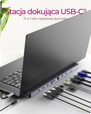 Stacja dokująca IB-DK2106-C Type-C z potrójnym wyjściem wideo, 2x High Speed HDMI typu A, 1x interfejs VGA, trzy interfejsy USB 3.0Single