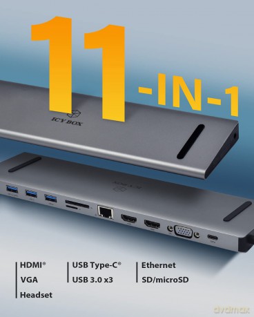 Stacja dokująca IB-DK2106-C Type-C z potrójnym wyjściem wideo, 2x High Speed HDMI typu A, 1x interfejs VGA, trzy interfejsy USB 3.0Single