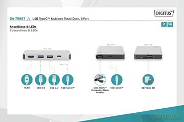 Stacja dokująca podróżna USB Typ C, 6 portów 4K, HDMI, VGA, USB3.0, RJ45, microSD, SD/MMC, Srebrna