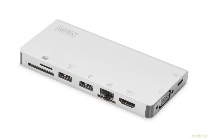 Stacja dokująca podróżna USB Typ C, 8 portów 4K, HDMI, VGA, USB3.0, RJ45, microSD, SD/MMC, srebrna