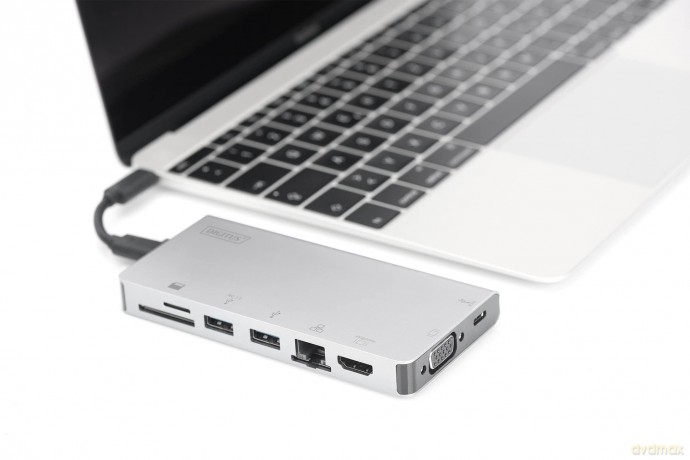 Stacja dokująca podróżna USB Typ C, 8 portów 4K, HDMI, VGA, USB3.0, RJ45, microSD, SD/MMC, srebrna