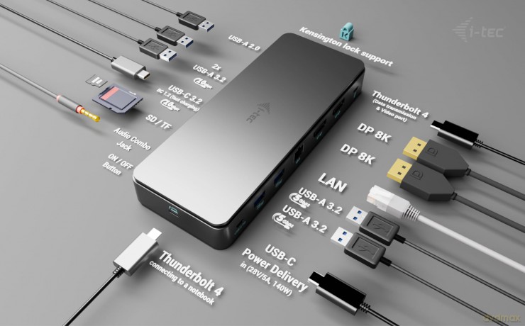 Stacja dokująca Thunderbolt4 2x Display Docking Station Gen3 7x USB, 2.5 GLAN PowerDelivery 92 W kabel TB4 1m