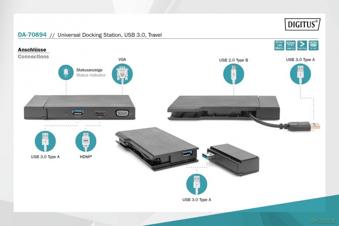 Stacja dokująca USB 3.0 Typ A, 7-portów, 4K 30Hz, HDMI, VGA, 2x USB 3.0, SD microSD, RJ45