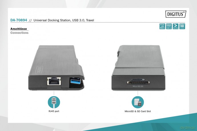 Stacja dokująca USB 3.0 Typ A, 7-portów, 4K 30Hz, HDMI, VGA, 2x USB 3.0, SD microSD, RJ45