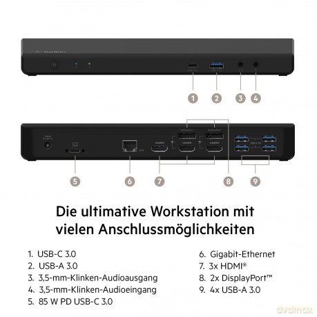 Stacja dokująca USB C Display Link, obsługa trzech wyświetlaczy do 4K, HDMI, DP, USB C, USB A, GbE, Audio, PD 85w, kompatybilność z Mac/PC/Chrome