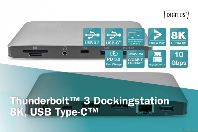 Stacja dokująca USB-C 11-portów z Thunderbolt 3, 8K 30Hz, PD 3.0, RJ45, Aluminiowa
