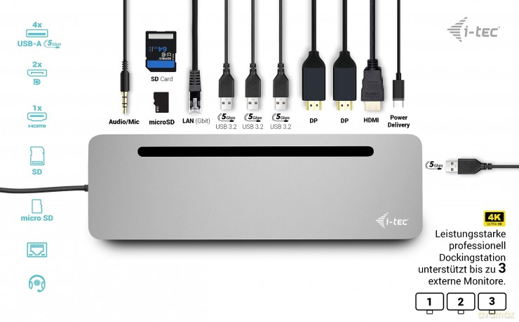Stacja dokująca USB-C Metal Ergonomic 4K 3x Display Docking Station PD 100W + i-tec Universal Charger 100W (bundle)
