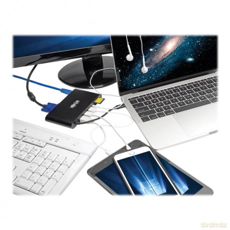 Stacja dokująca USB-C, podwójny wyświetlacz 4K HDMI/mDP, VGA, USB 3.2 Gen 1, koncentrator USB-A/C, GbE, karta pamięci, ładowanie PD 100 W