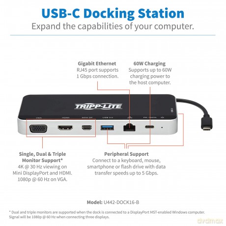 Stacja dokująca USB, potrójny wyświetlacz 4K HDMI i mDP, VGA, USB 3.2 Gen 1, koncentrator USB-A/C, GbE, ładowanie PD 60W U442-DOCK16-B