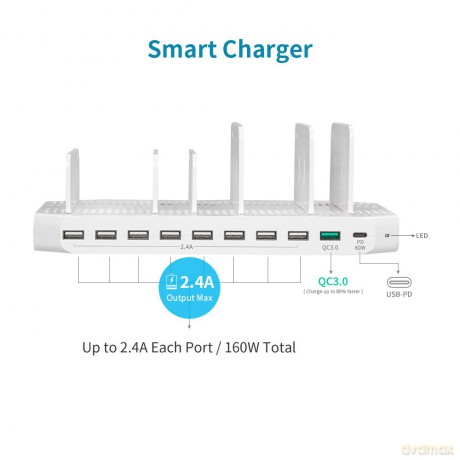 Stacja ładująca 10 x USB 160 W, QC3.0, USB-C, Y-2190