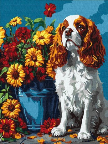 Malowanie po numerach - Spaniel i kwiaty 30x40cm