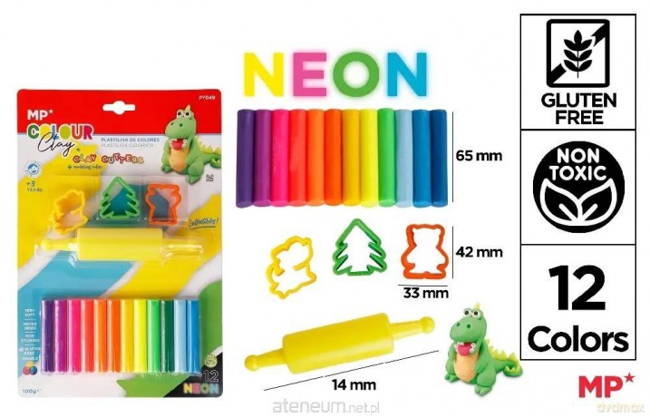 Plastelina 12 kolorów neon + foremki i wałek