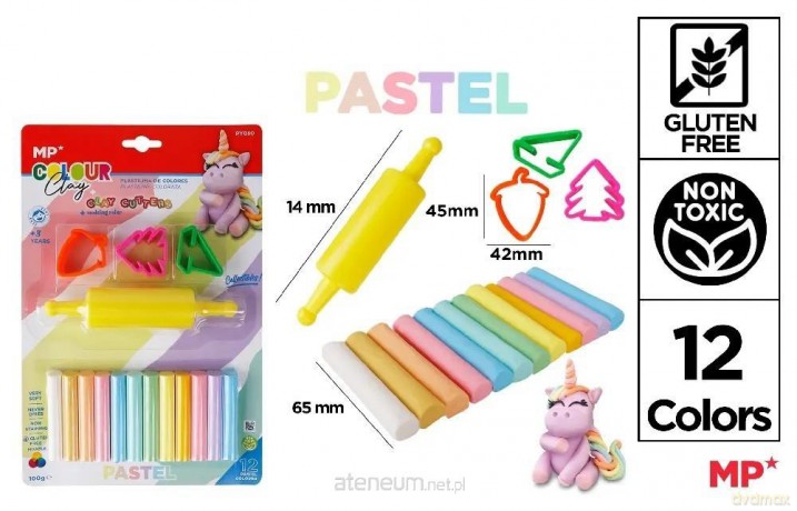 Plastelina 12 kolorów pastel + foremki i wałek