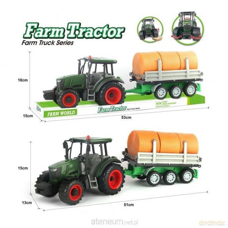 Traktor z przyczepą i belkami słomy